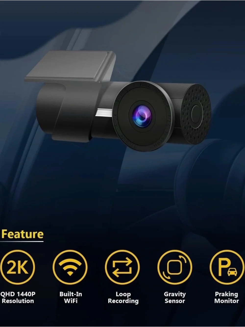 WiFi 2K Dash Cam 1440p Front Camera 32GB SD Card Night Vision G-Sensor Sealed NI